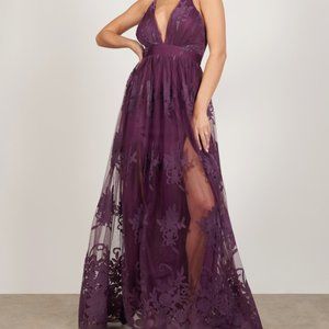 Elegant Plum Floral Lace Long Dress
